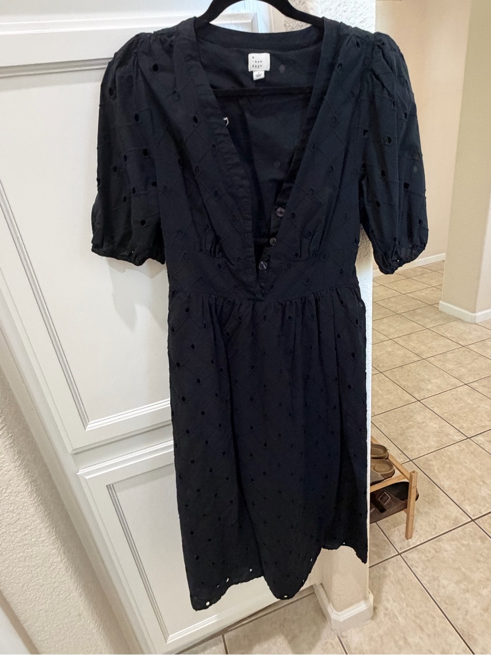 Rails Black Eyelet V-Neck Midi with Puff Sleeves